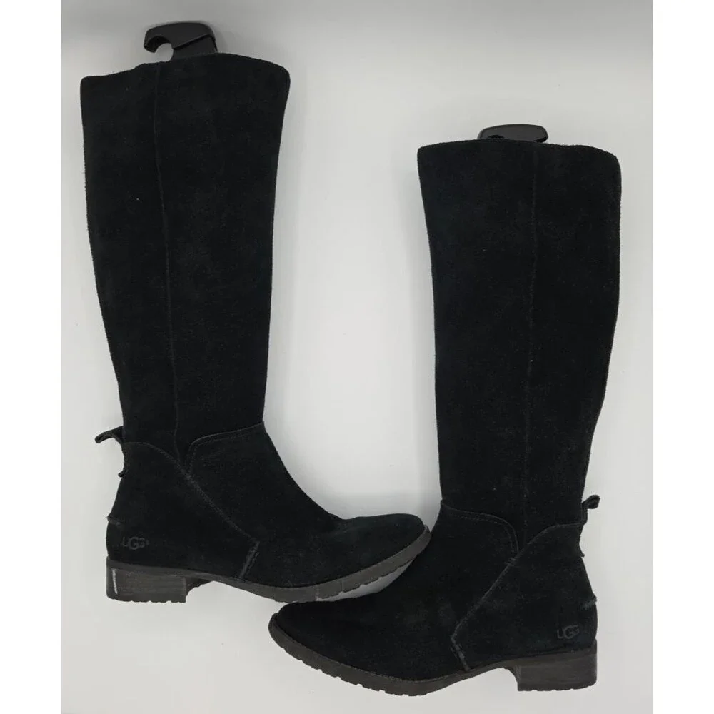 UGG Leigh Black Suede Equestrian Riding Knee High Zip Tall Boots Size 7 Womens
